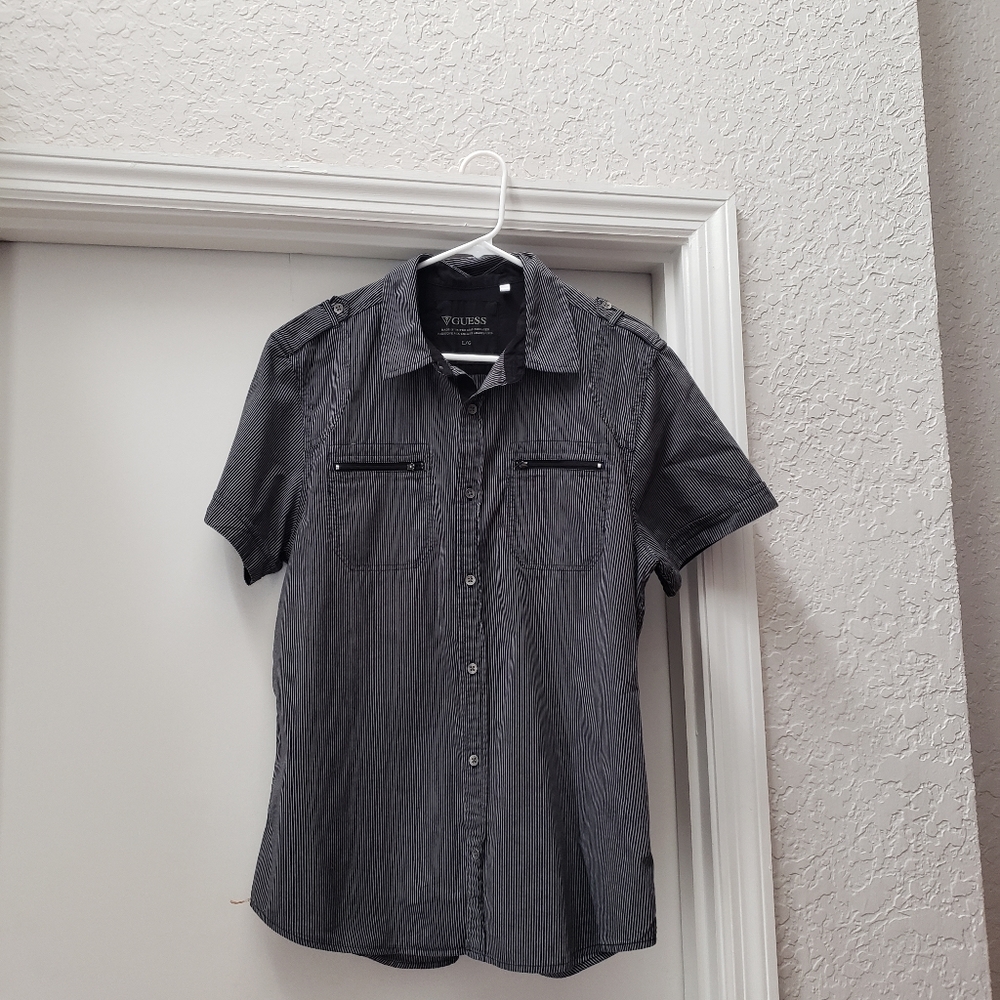 Mens Guess Striped Button Down Shirt with Pockets - Picture 2 of 8